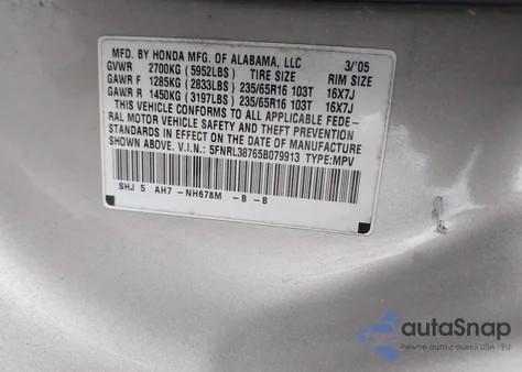 2005 Honda Odyssey Ex-L из США, поврежденный, VIN 5FNRL38765B079913